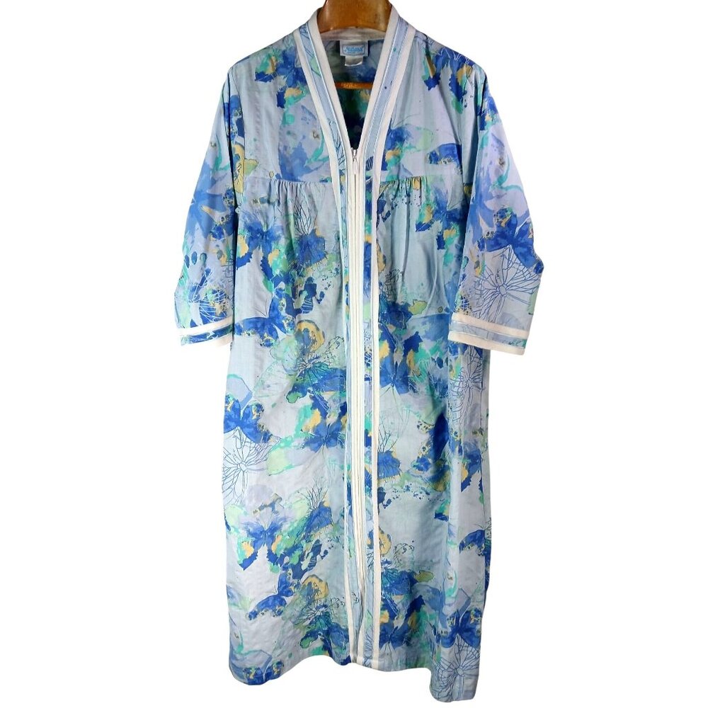 National Womens Zip Front Housecoat Robe 1X Blue Floral Butterfly Cozy Lounge